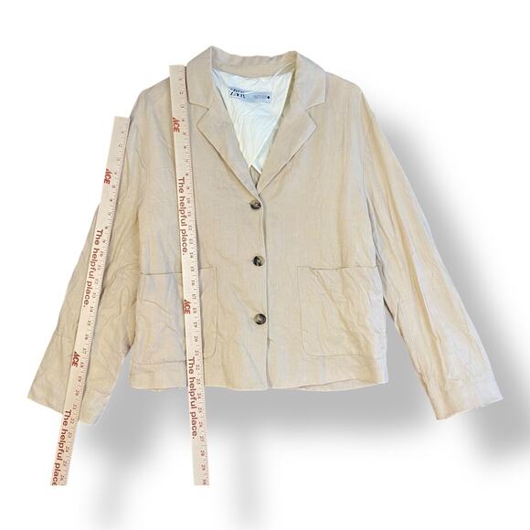Zara Linen Beige Buttoned Blazer Womens Size M Business Preppy - Picture 3 of 9